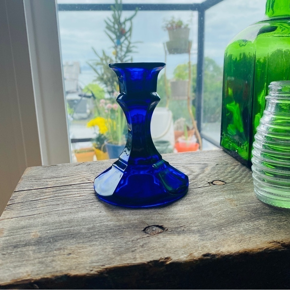 Cobalt glass candle holder small angular